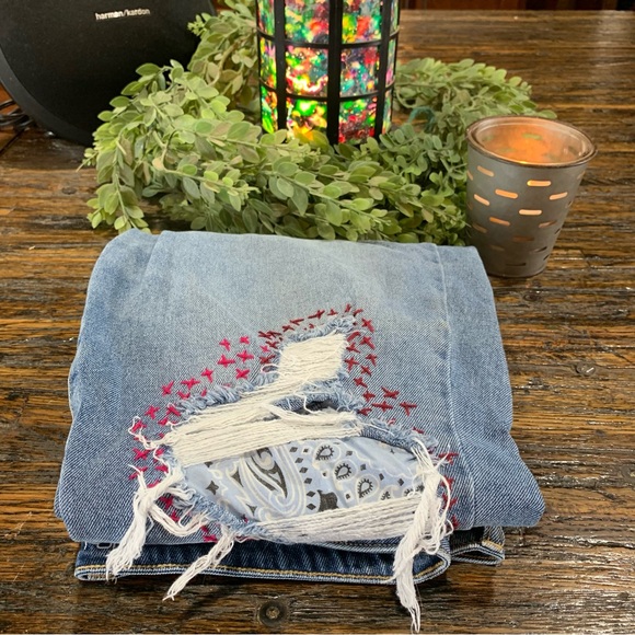 Boho Blue Jeans Distressed Bandana Print Embroidered Embroidery Cotton 17 - Picture 14 of 16